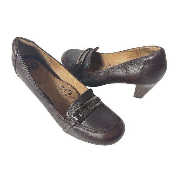 Sofft Slip On Wood Heels Brown Leather Embellished Classic Pump Women's Size 10 - Picture 1 of 11